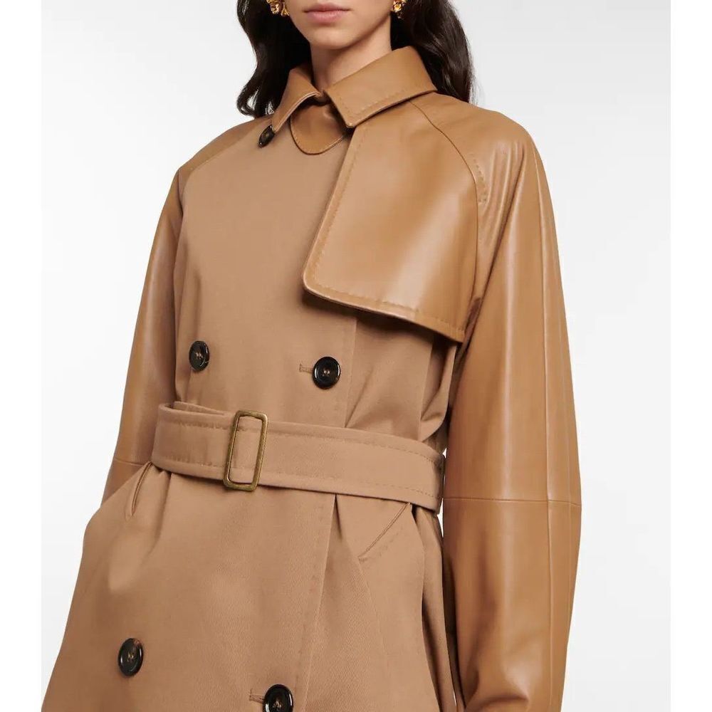 Max Mara Lichene Cotton & Leather Tan Belted Trench Coat Classic Size 8 - Picture 5 of 16